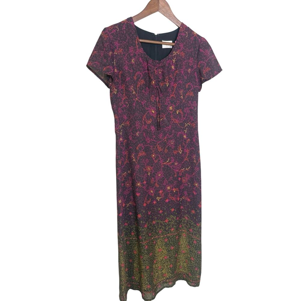 Emma James Petite 4P Midi Dress Black Pink Floral Short Sleeve Vintage Y2K Boho